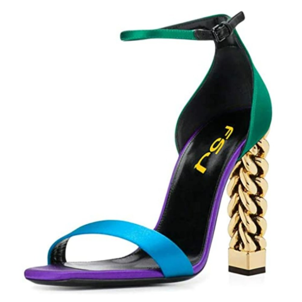 FSJ Green Teal Blue Purple Gold Chain-Heel Ankle-Strap Sandals